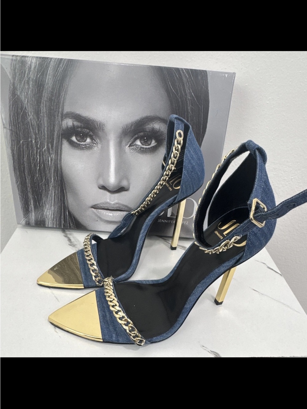High Heel Ankle Strap Pumps in Navy with Gold Accents